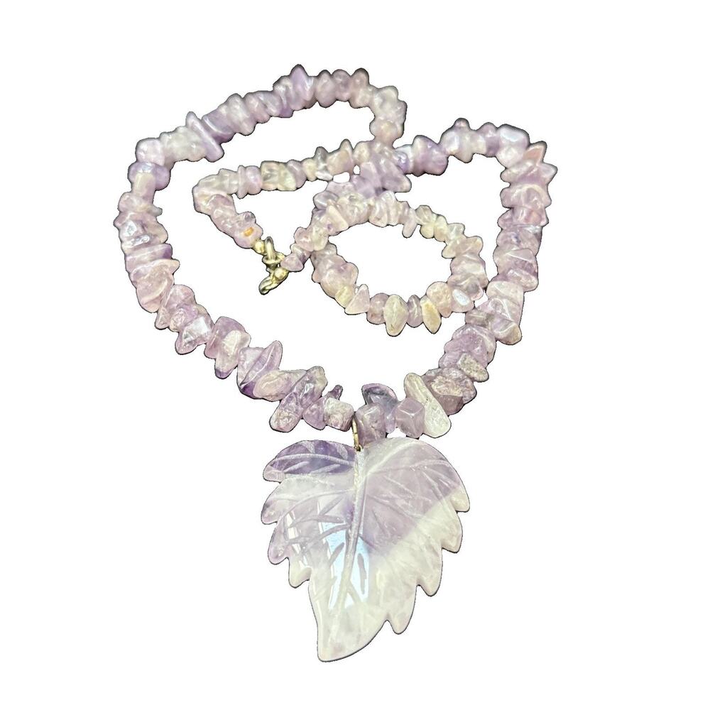 Vintage Carved Leaf Amethyst Pendant Beaded Nugget Necklace 20” Long Gemstone